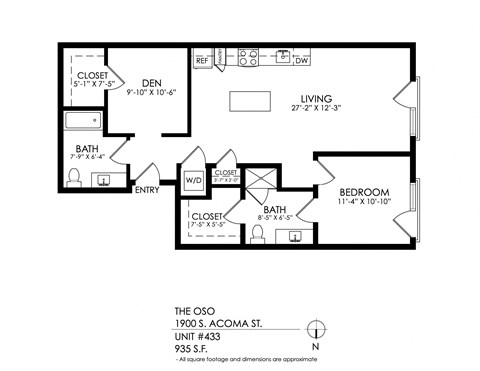 Floor plan for 1 bed, 2 baths, 989 sqft